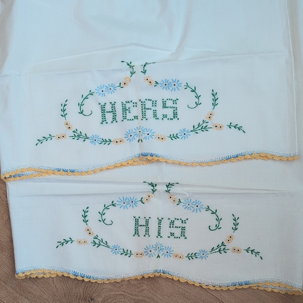 Vintage Embroidered His and Hers Pillowcases